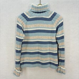 Vintage Y2K Cherokee Striped Turtleneck Sweater Women's MEDIUM Blue 100% Cotton